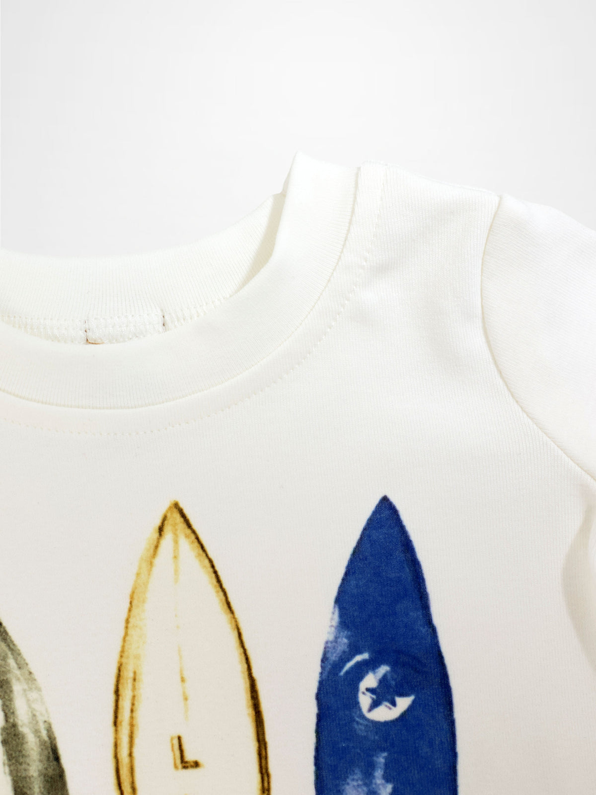 Surf Board T-shirt for boys; white cotton top with two surfboards in yellow and blue.