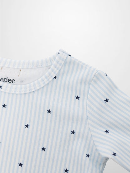 Blue Star Pajamas for boys by Adee; striped light blue and white top with navy stars.