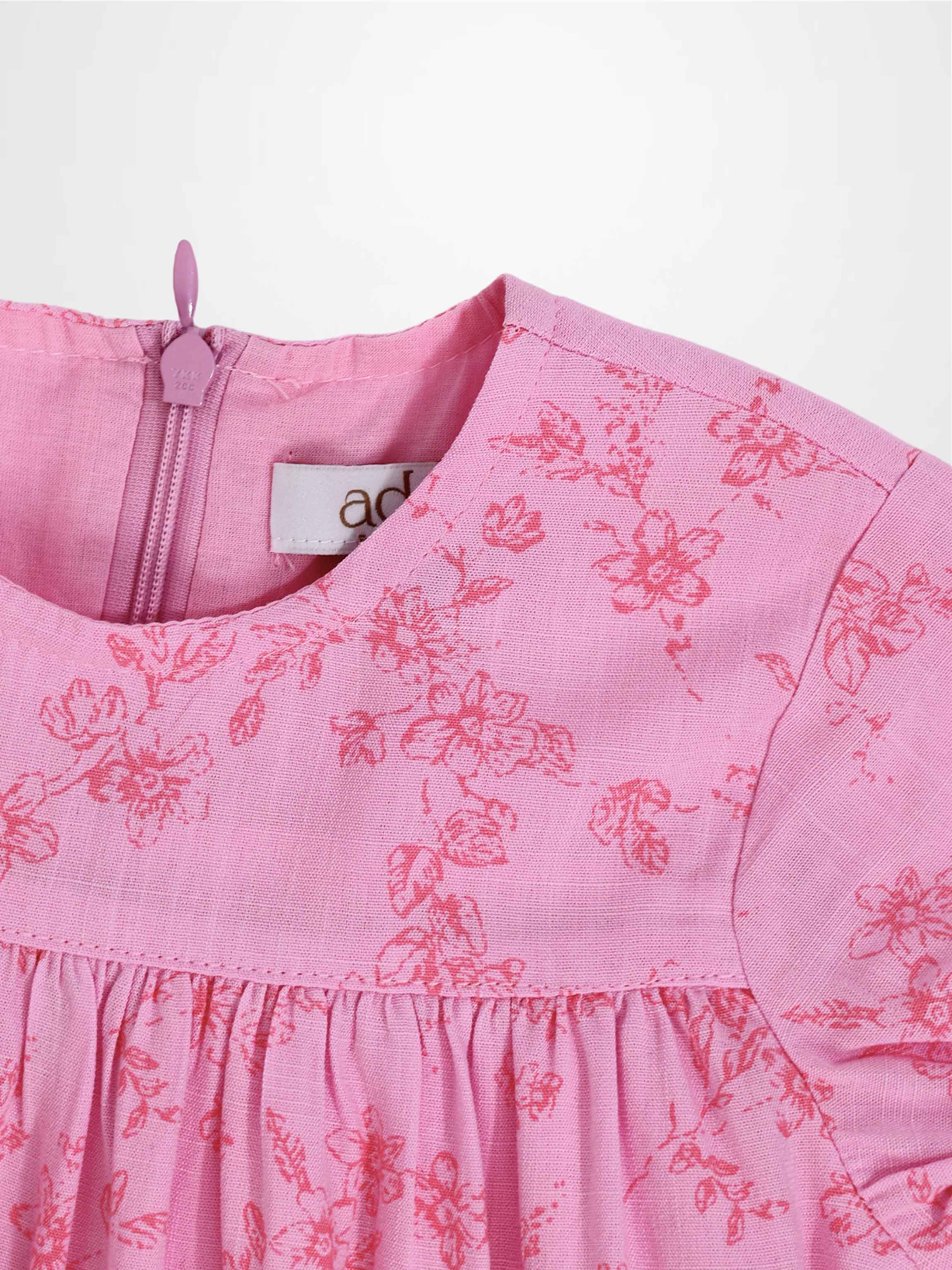 Pink Flower Dress for Girls by Adee, short sleeves, floral print, back zipper