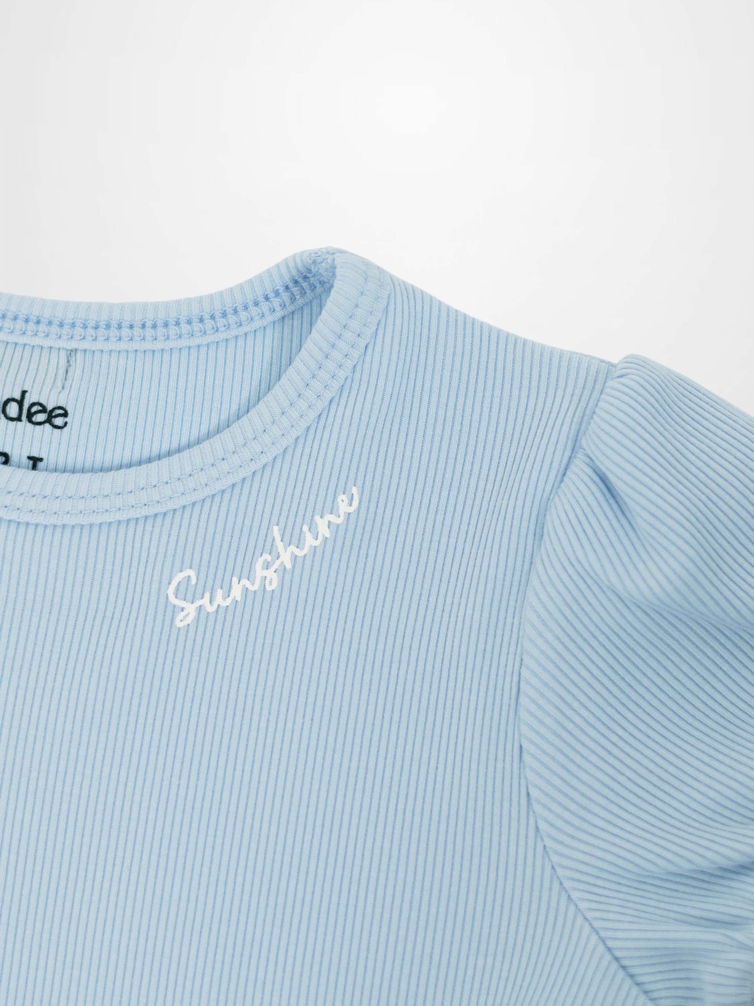 3/4 Puff Sleeve T-shirt for girls by Adee in light blue ribbed fabric with white Sunshine script on chest.