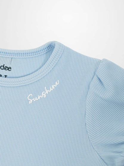 3/4 Puff Sleeve T-shirt for girls by Adee in light blue ribbed fabric with white Sunshine script on chest.