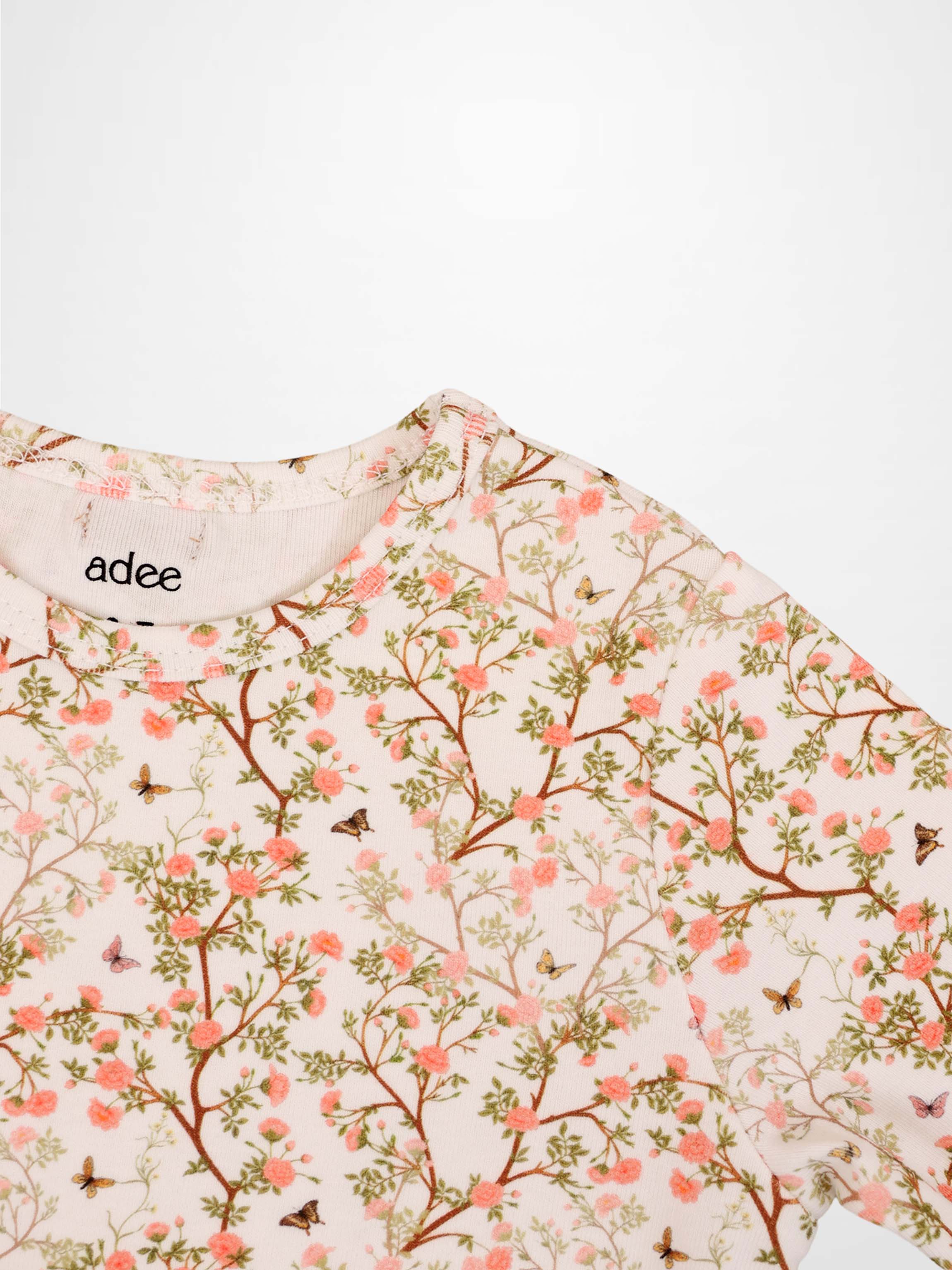 Spring Floral 3/4 Sleeve T-shirt for girls by Adee, light pink with blossoms and butterflies