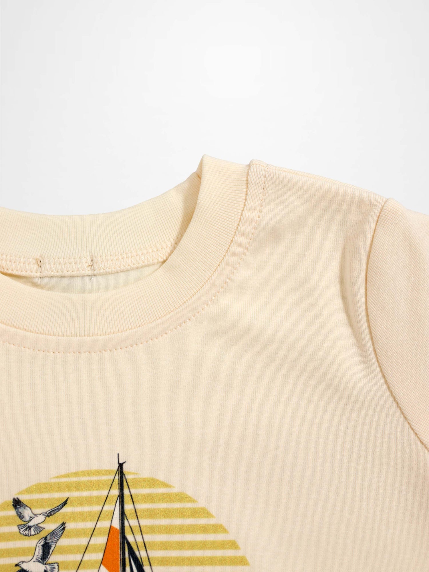 Adee Golden Sail T-Shirt for boys; beige crewneck with nautical sailboat graphic.