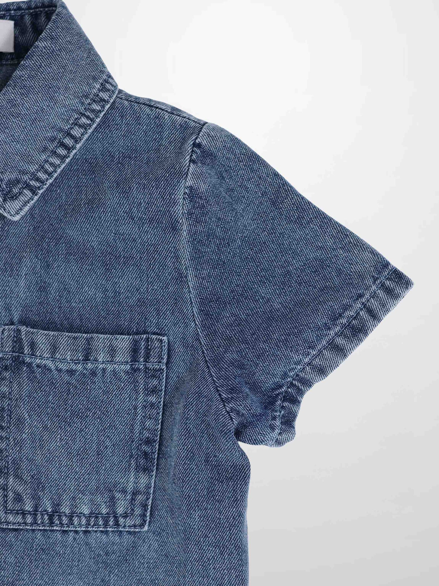 Blue denim button-down shirt by Adee for boys, with chest pocket