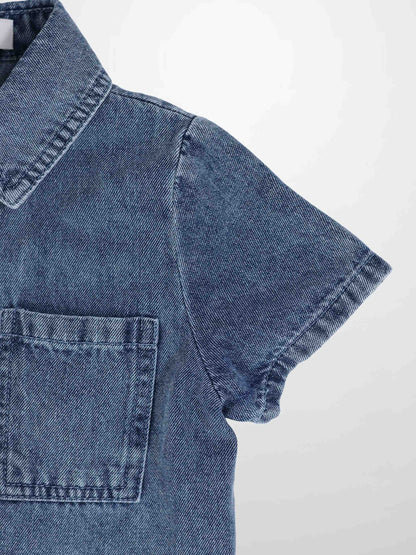 Blue denim button-down shirt by Adee for boys, with chest pocket