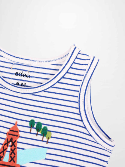 Adee Eiffel Tower Bloomers &amp; Tank Set tank top, white with blue stripes and orange tower with green trees graphic.