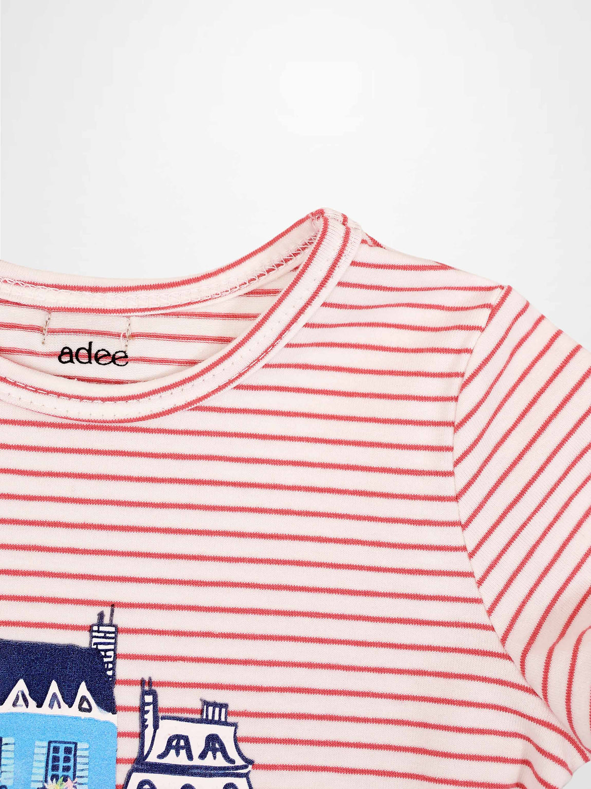 Little Paris Short Sleeve T-Shirt by Adee; red and white striped girls top with blue Paris graphic.