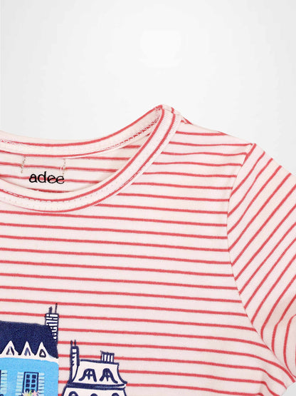 Little Paris Short Sleeve T-Shirt by Adee; red and white striped girls top with blue Paris graphic.
