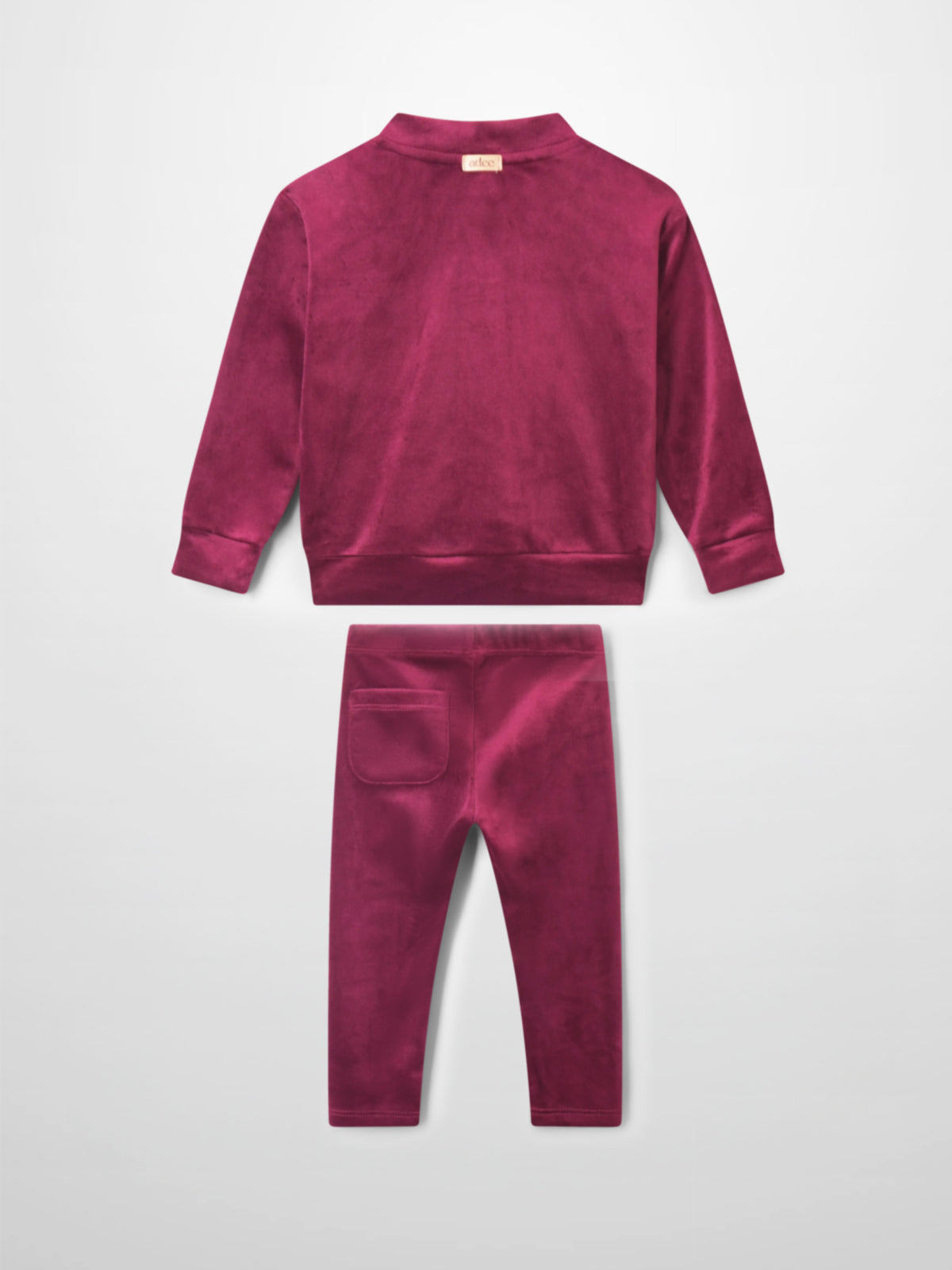 Velour Bomber Set Burgundy girls pajamas, 2-piece by Adee; matching velour top and pants with pocket.