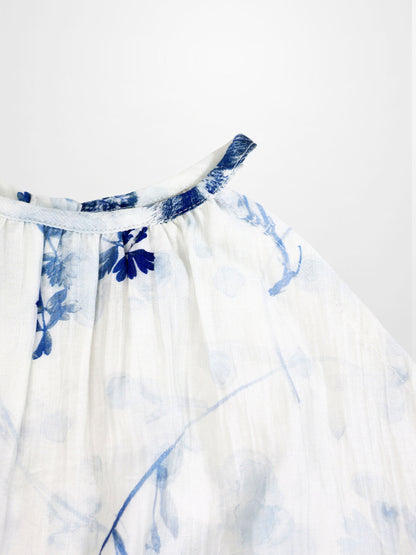 Blue Flower Jumper by Adee for girls; dressy white fabric with blue floral print neckline detail