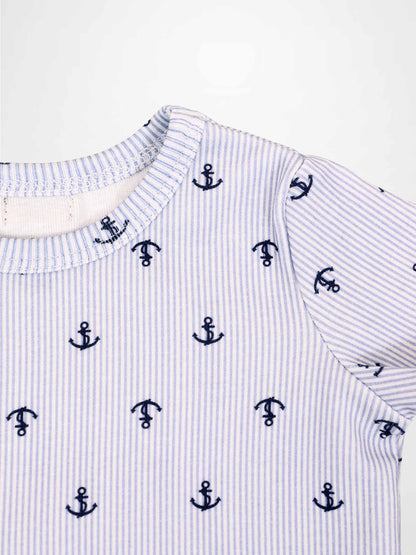 Anchor Set - Blue; blue and white striped top with navy anchor prints for little boys
