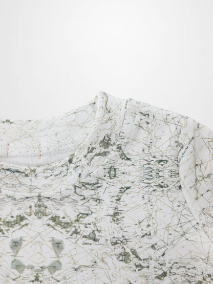 Map T-shirt for boys by Adee; white fabric with fine sage green map-like scribble print