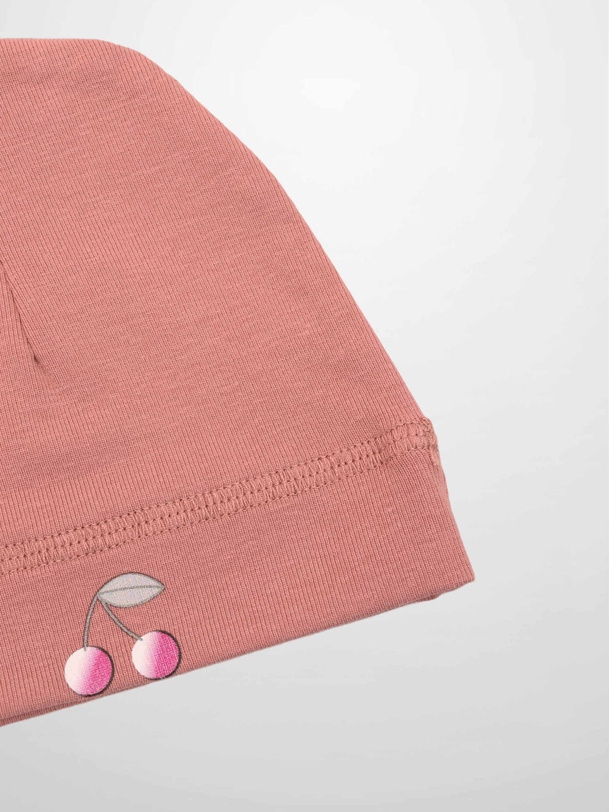 Cherry Frame Hat for girls, muted pink knit beanie with cherry embroidery.