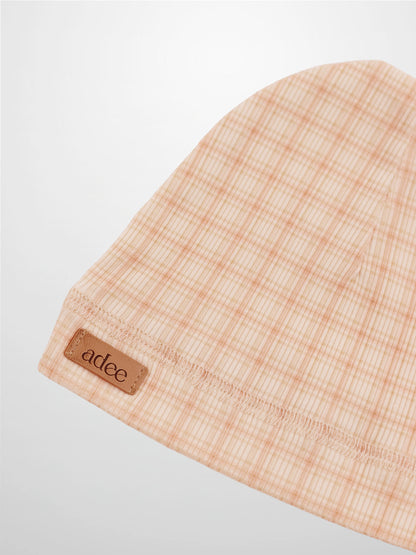 Oatmeal Grid Hat for girls, pink beige plaid, Adee brand baby apparel