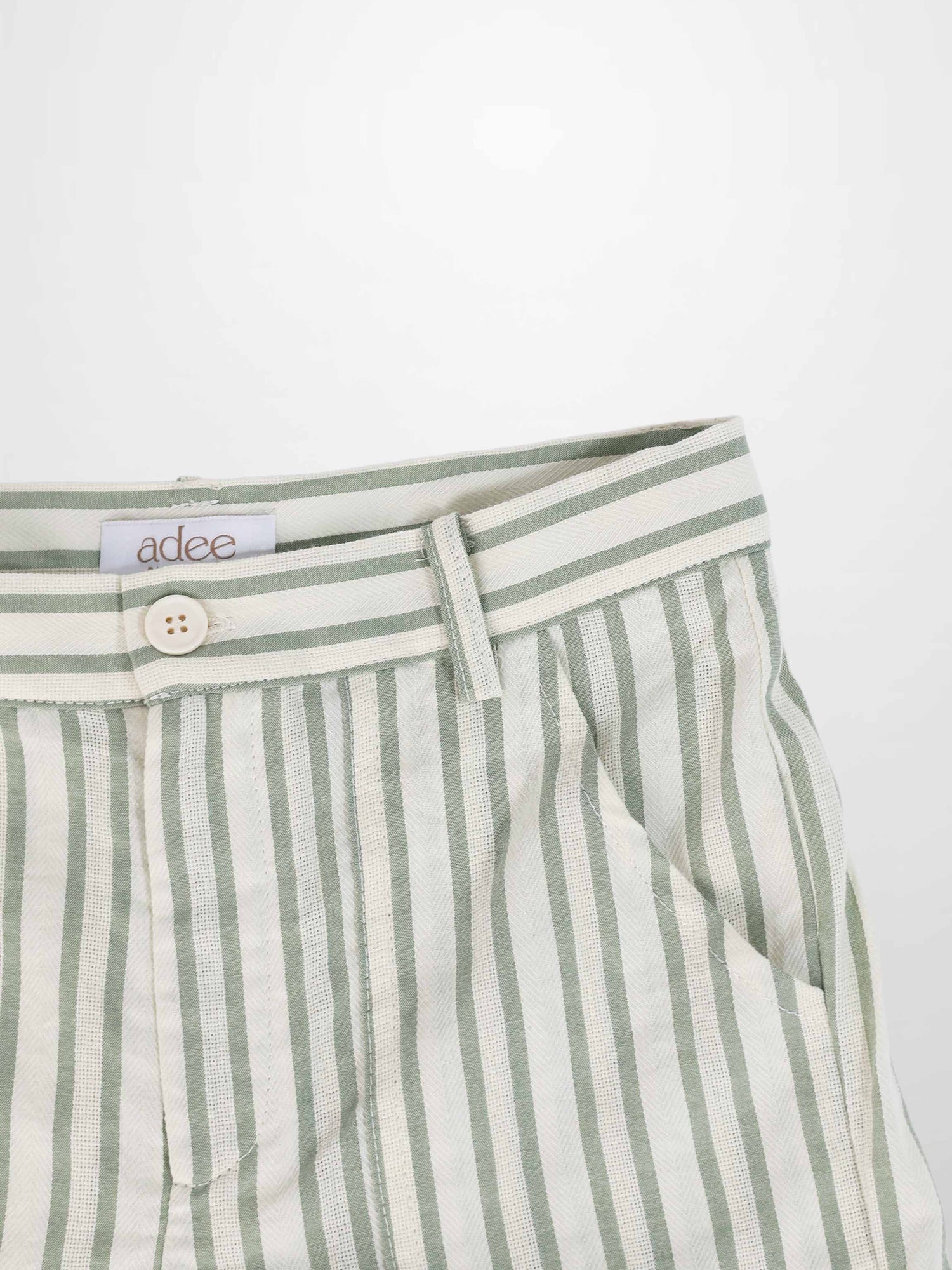 Green striped denim shorts for boys by Adee with belt-loop waistband and front button.