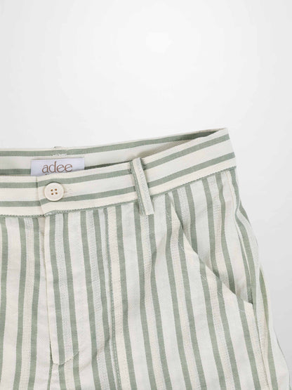 Green striped denim shorts for boys by Adee with belt-loop waistband and front button.
