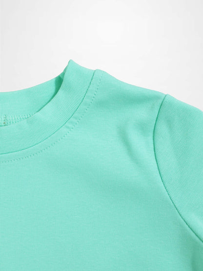 Mint green thin ribbed T-shirt neckline with shoulder seam close-up.