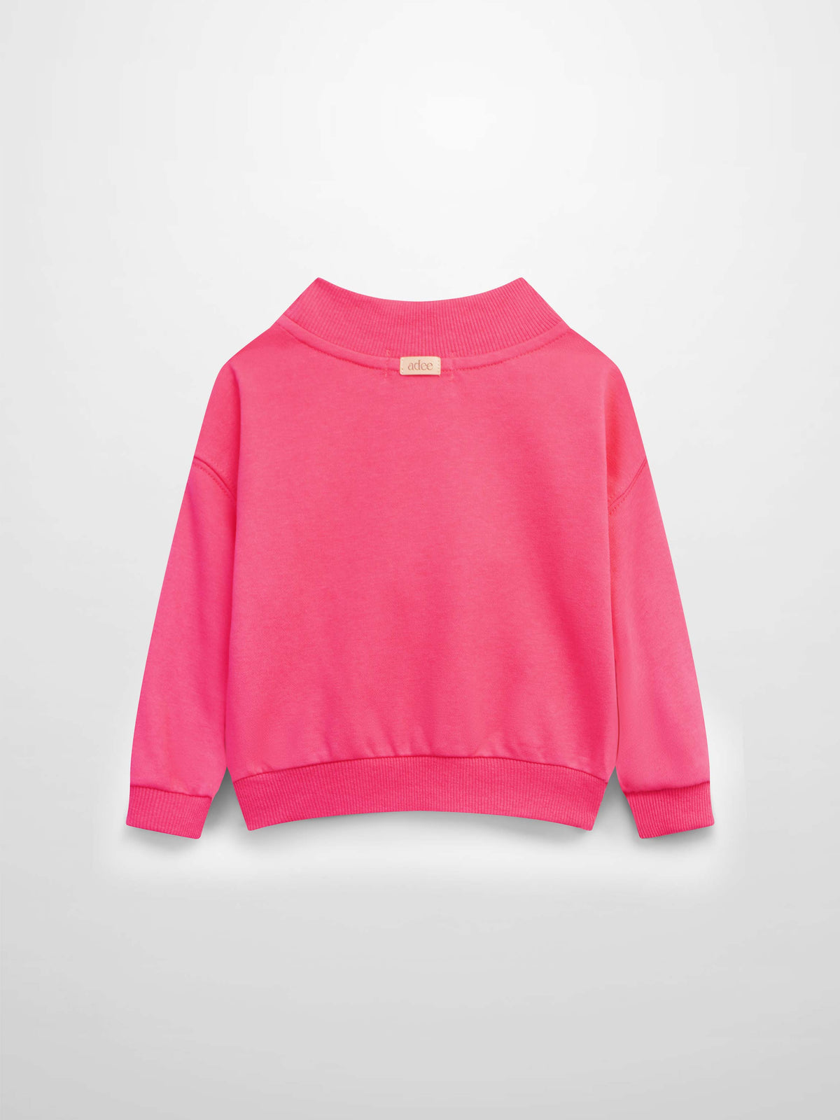 Back view of neon pink Bike Sweatshirt for girls, ribbed cuffs and hem, small neck tag.