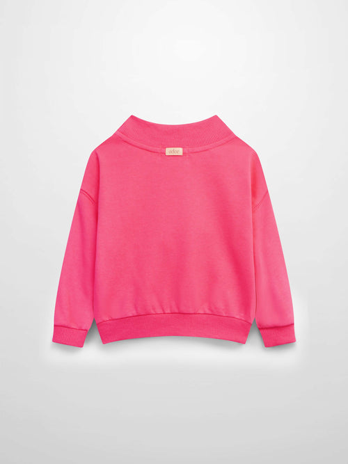 Back view of neon pink Bike Sweatshirt for girls, ribbed cuffs and hem, small neck tag.