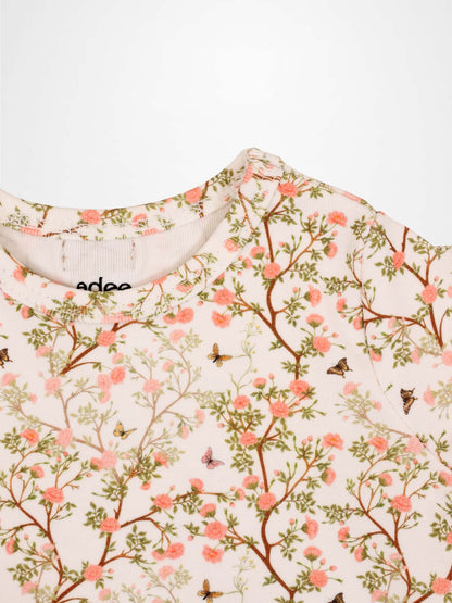 Spring Floral Short Sleeve T-Shirt by Adee; pink floral print on cream background.