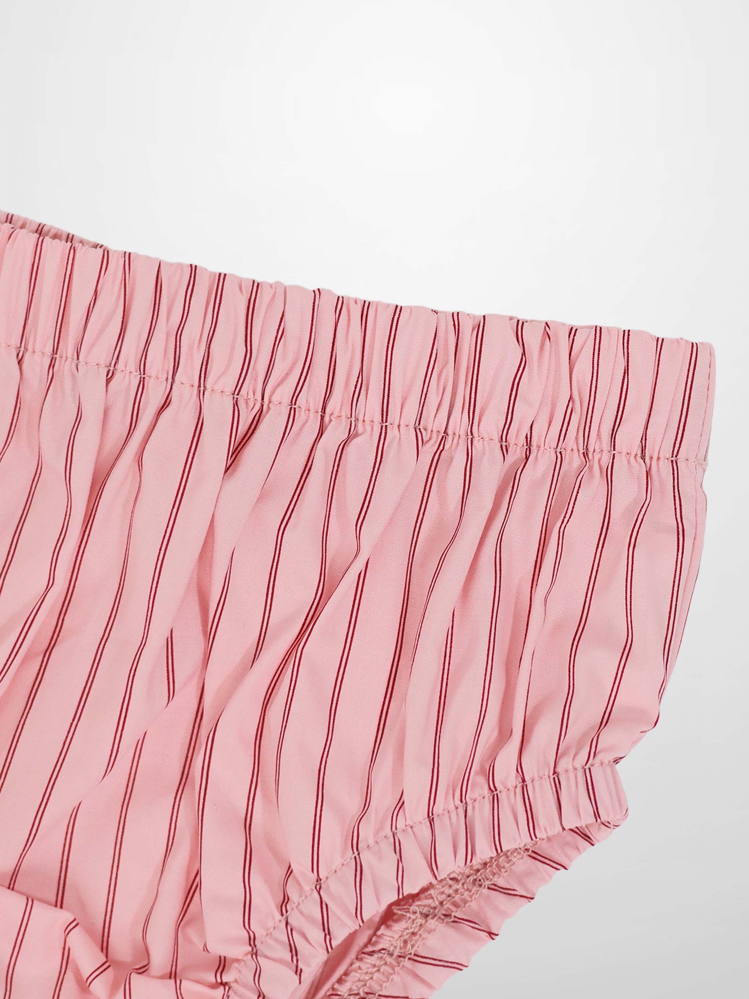 Pink striped cotton bloomers with elastic waistband and leg cuffs.