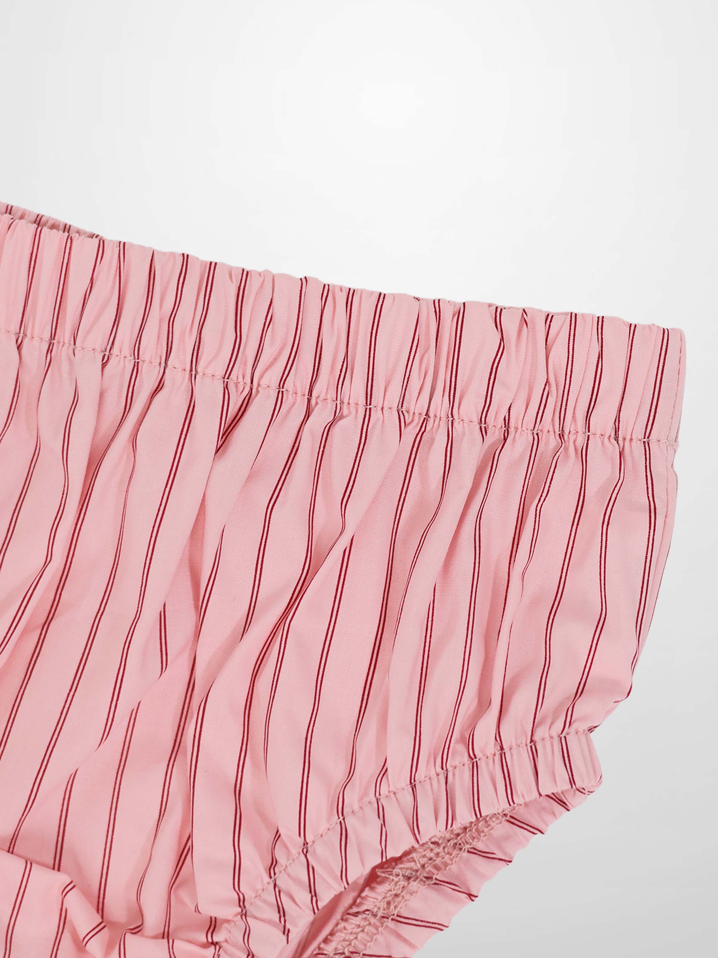 Pink striped cotton bloomers with elastic waistband and leg cuffs.
