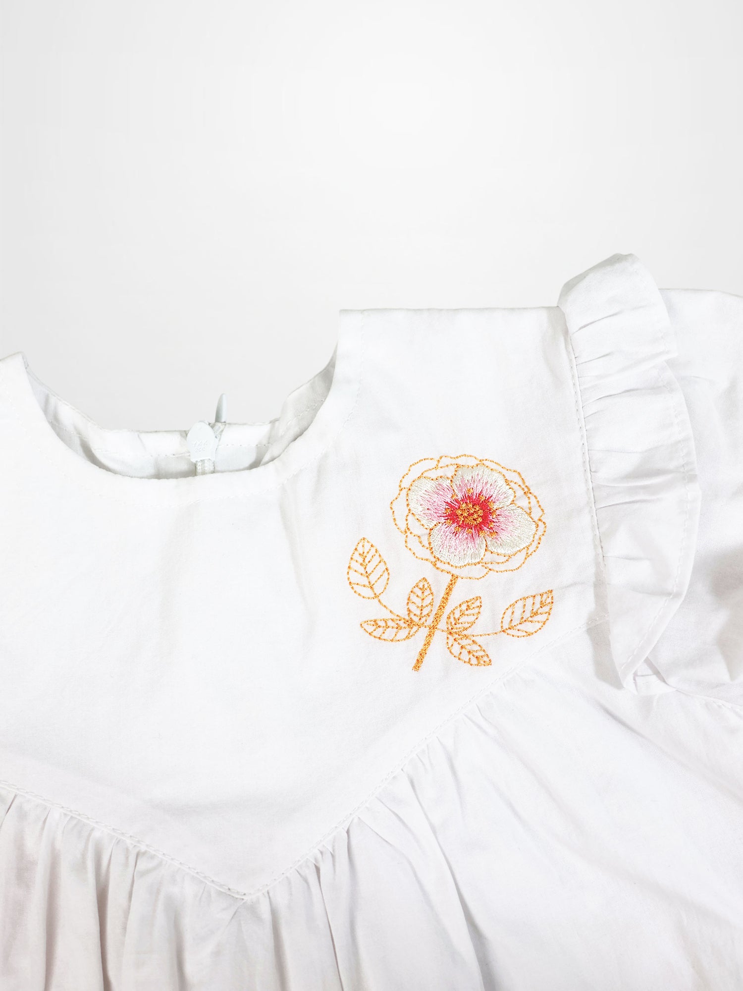 Embroidered Flower Dress - Short Sleeve for girls; white Adee dress with orange floral embroidery