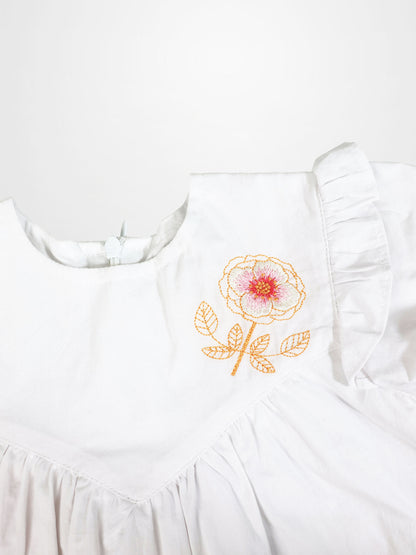 Embroidered Flower Dress - Short Sleeve for girls; white Adee dress with orange floral embroidery