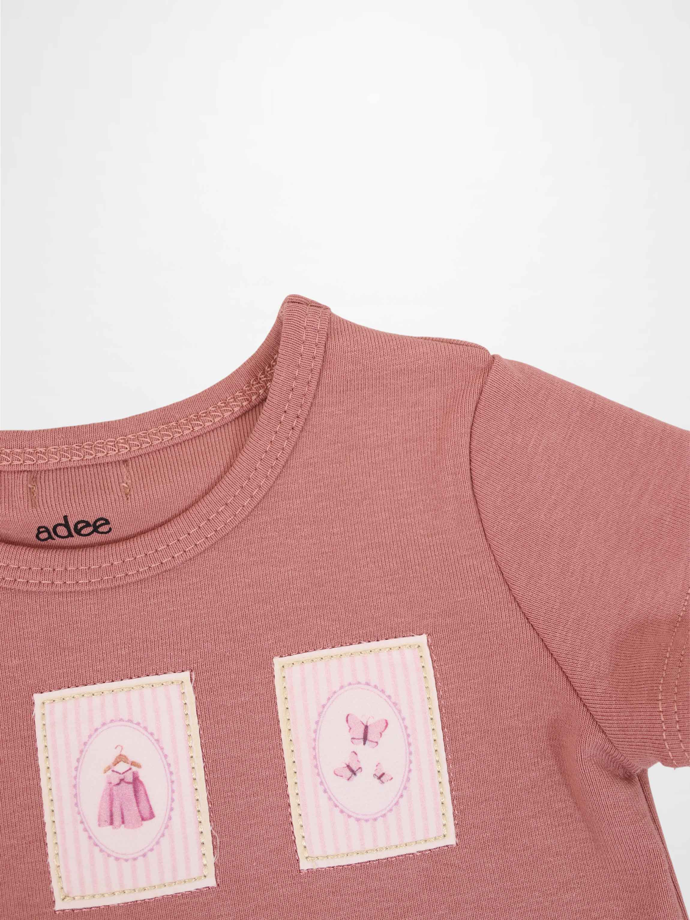 Cherry Frame Set by Adee; pink little girls top with two pink-framed patches showing a dress and butterflies.