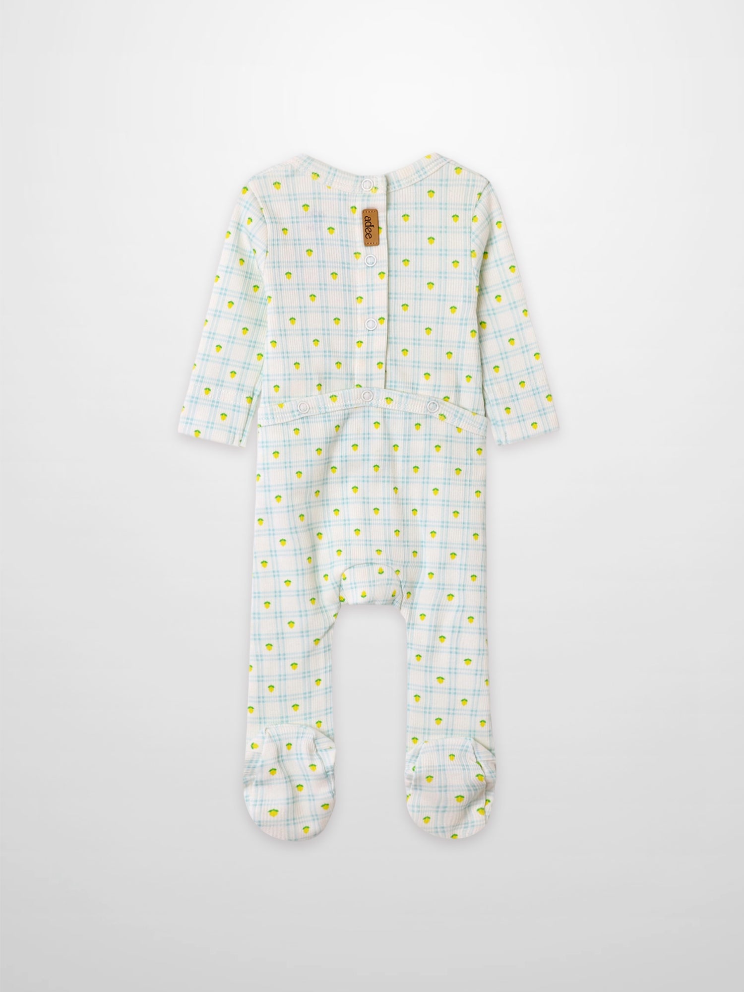 Lemon Window Stretchy boys stretchies footed onesie by Adee on crisp white base with light blue plaid and yellow lemons.