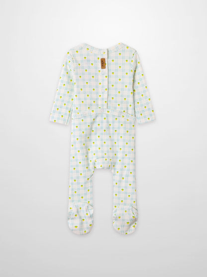Lemon Window Stretchy boys stretchies footed onesie by Adee on crisp white base with light blue plaid and yellow lemons.