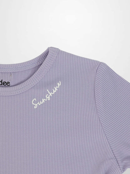 Short sleeve lavender T-shirt for girls by Adee, ribbed knit with white Sunshine script