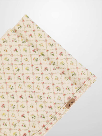 Flower Garden Blanket with Lace, Adee girls receiving blanket in cream with pastel floral lattice pattern and lace trim