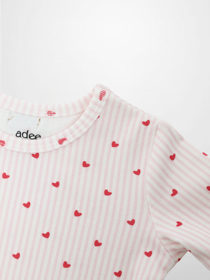 Pink Heart Pajamas top for girls by Adee, pink and white striped fabric with red hearts.