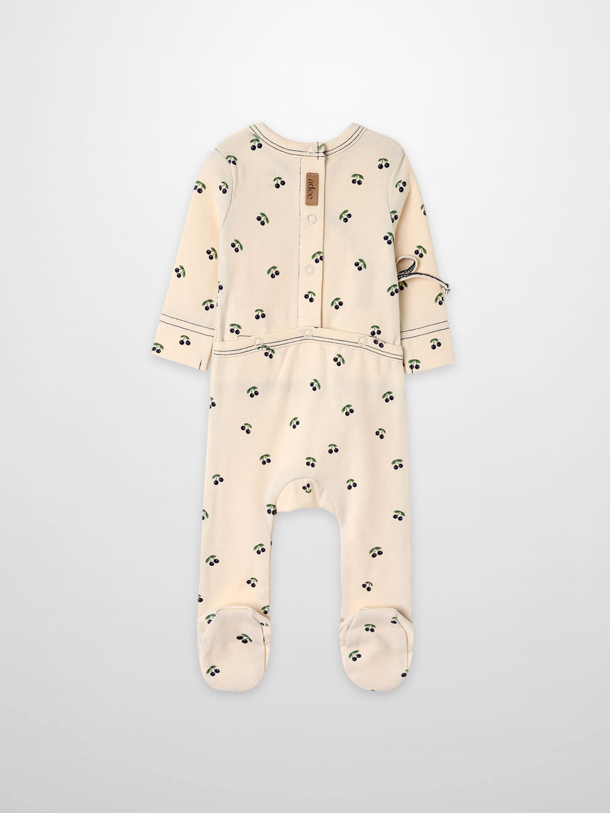 Blue Cherry Stretchy by Adee; cream footed romper with blue cherry print and green leaves.