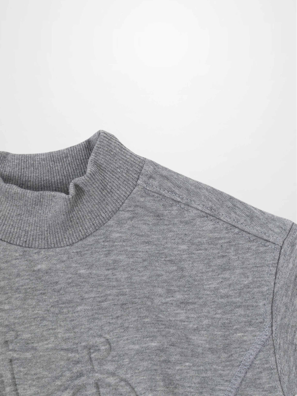 Grey Bike Sweatshirt neckline close-up in ribbed knit mock neck fabric.