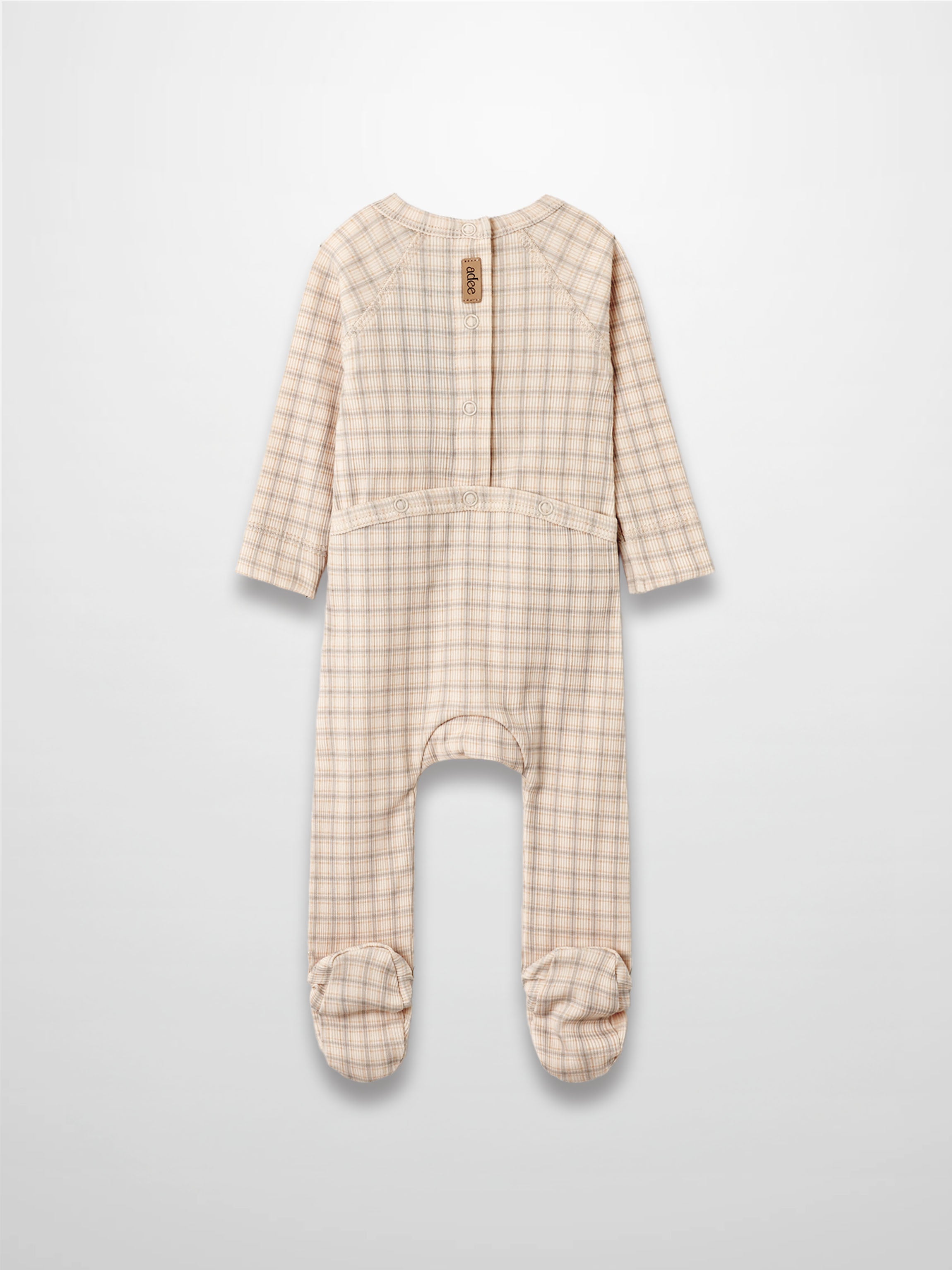 Oatmeal grid stretchy baby footed jumpsuit in light blue and brown plaid with back snaps.