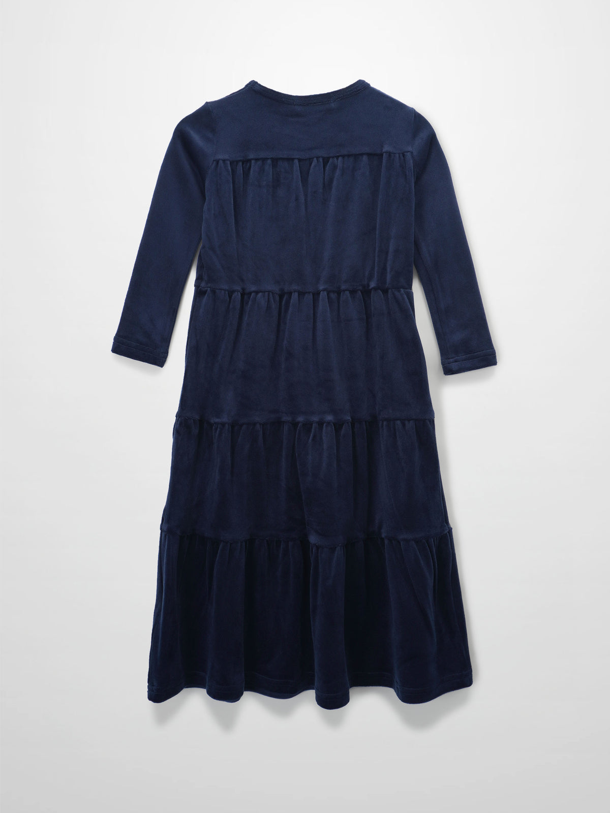 Tiered navy velour maxi dress for girls with long sleeves and soft, cozy fabric.
