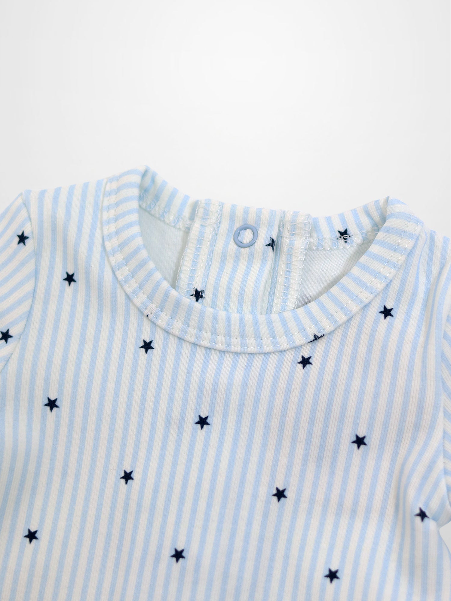 Blue Star Stretchy baby jumpsuit footie in light blue stripes with dark-blue stars.
