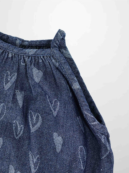 Denim Heart Jumper dress for girls by Adee; blue denim with white heart prints.