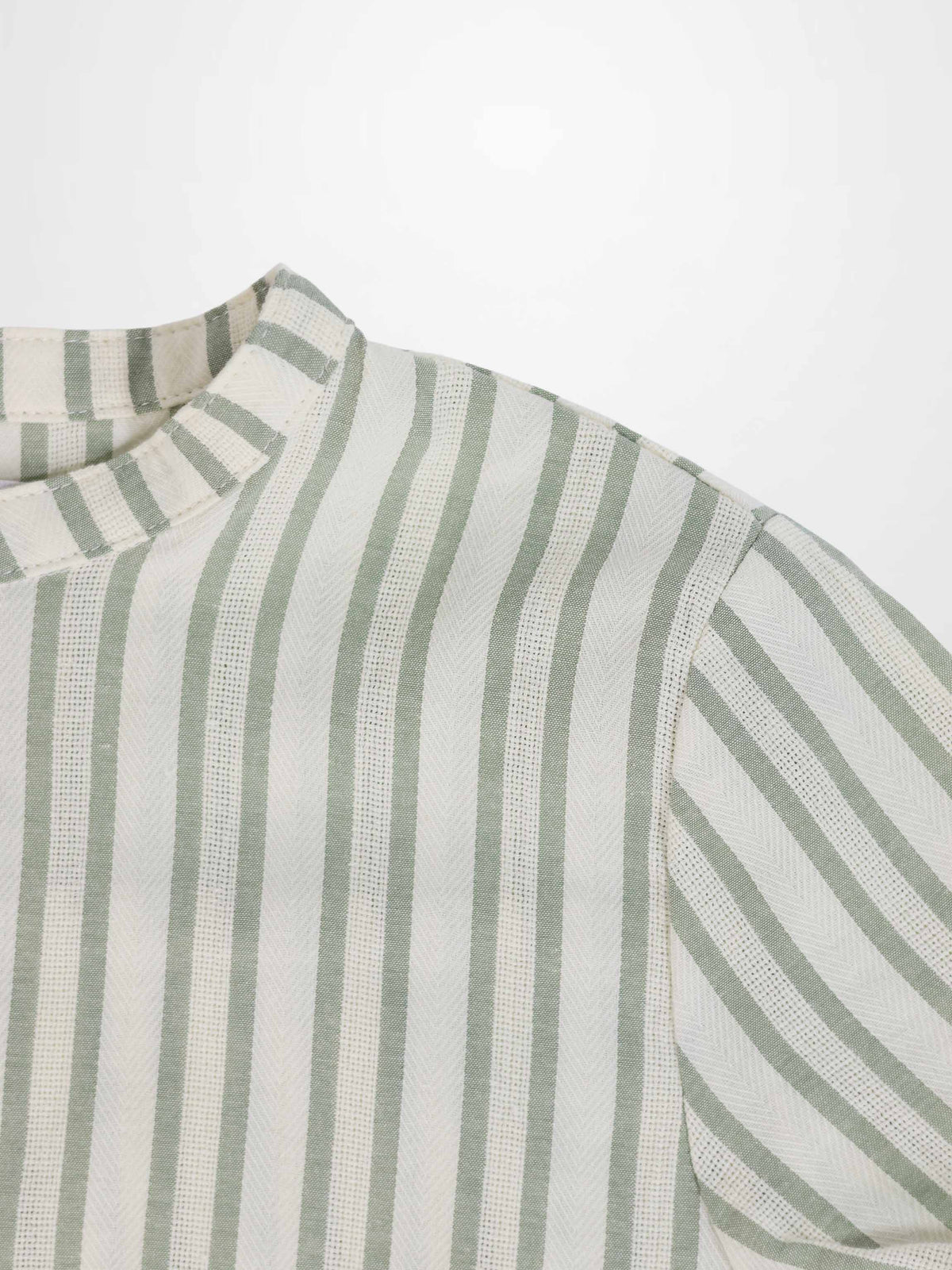 Green striped shirt for boys by Adee, dressy top with beige and sage-green vertical stripes
