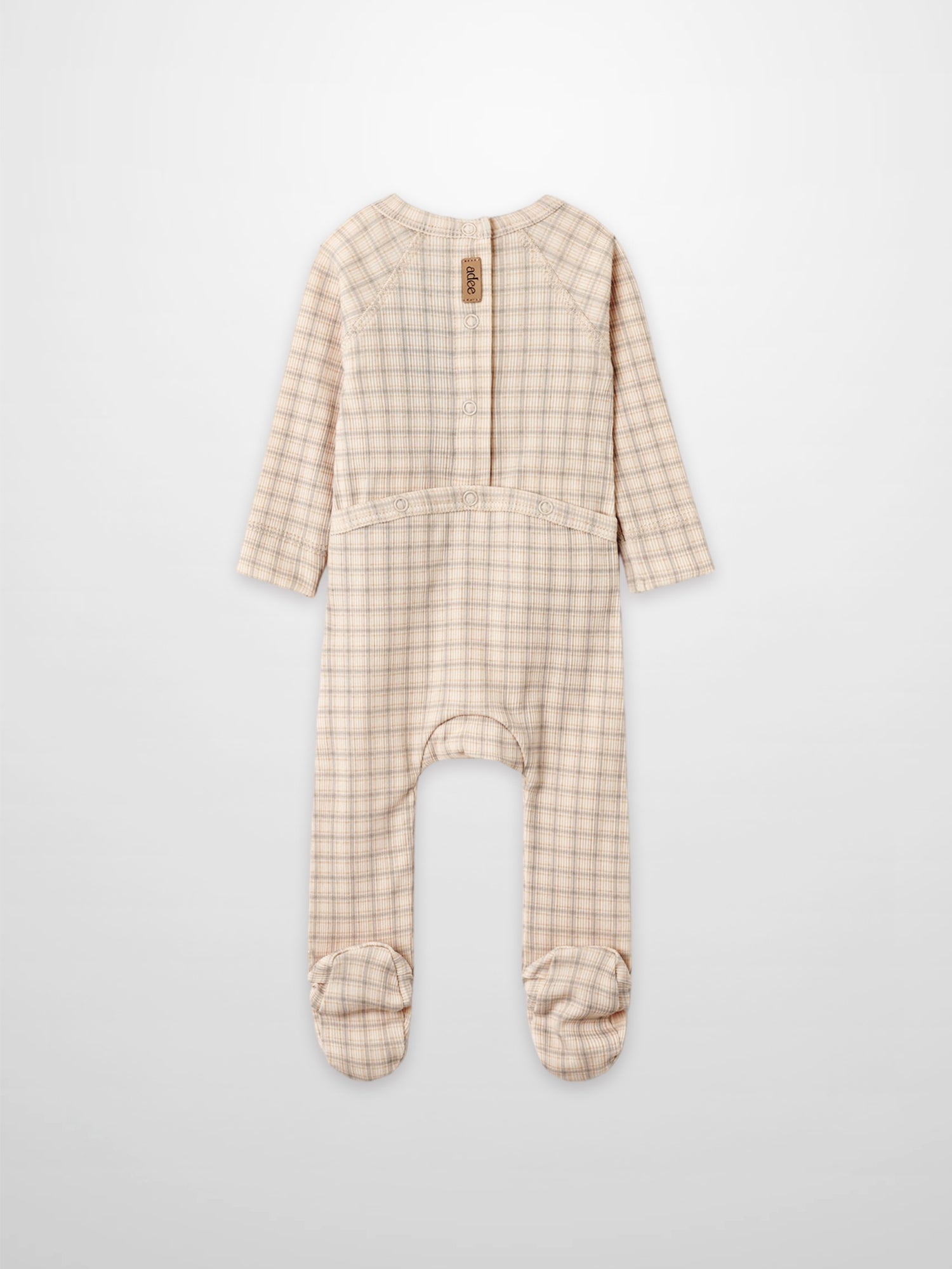 Oatmeal Grid Stretchy jumpsuit for boys in blue grid; Adee brand, footed