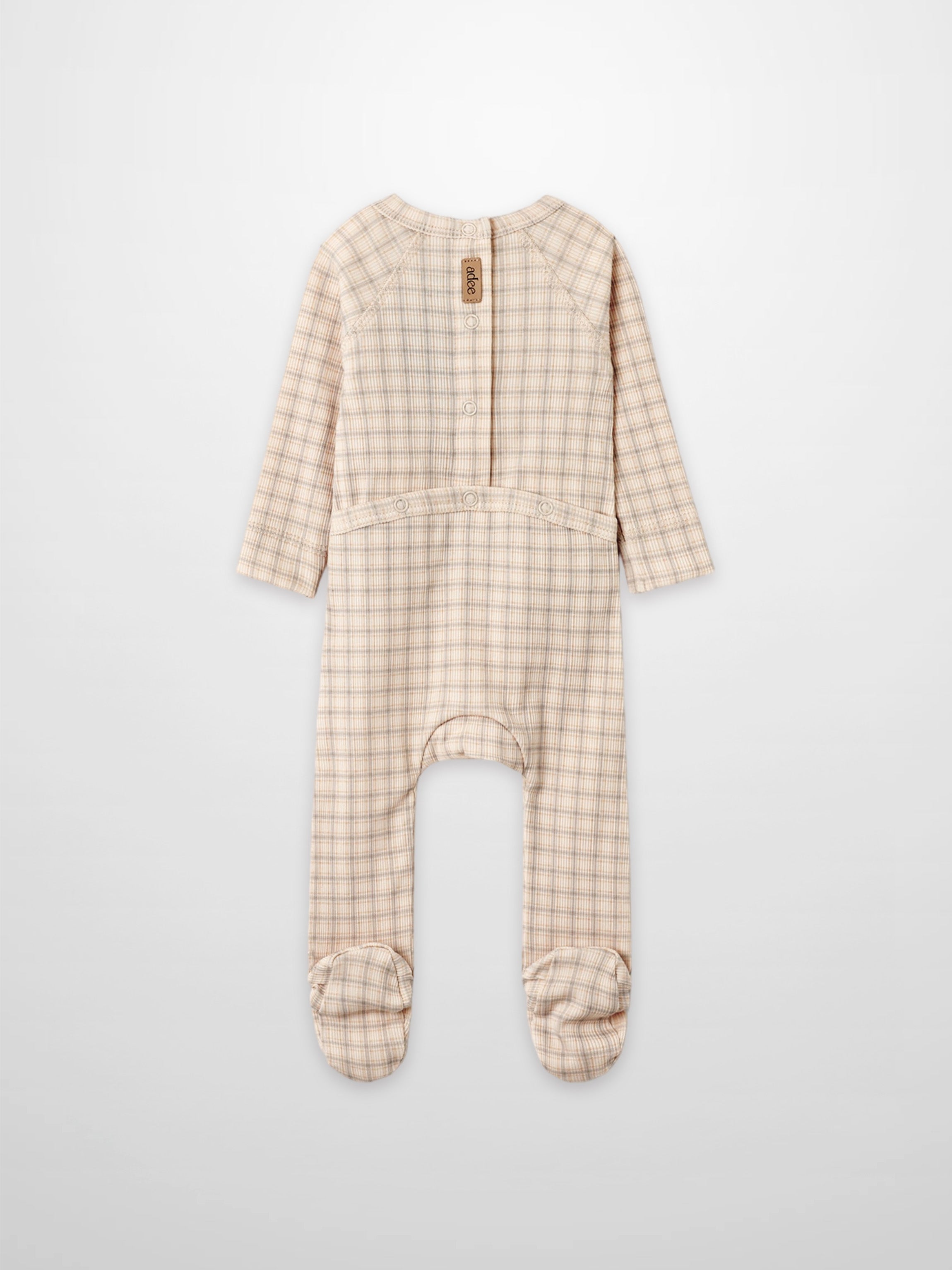 Oatmeal Grid Stretchy jumpsuit for boys in blue grid; Adee brand, footed