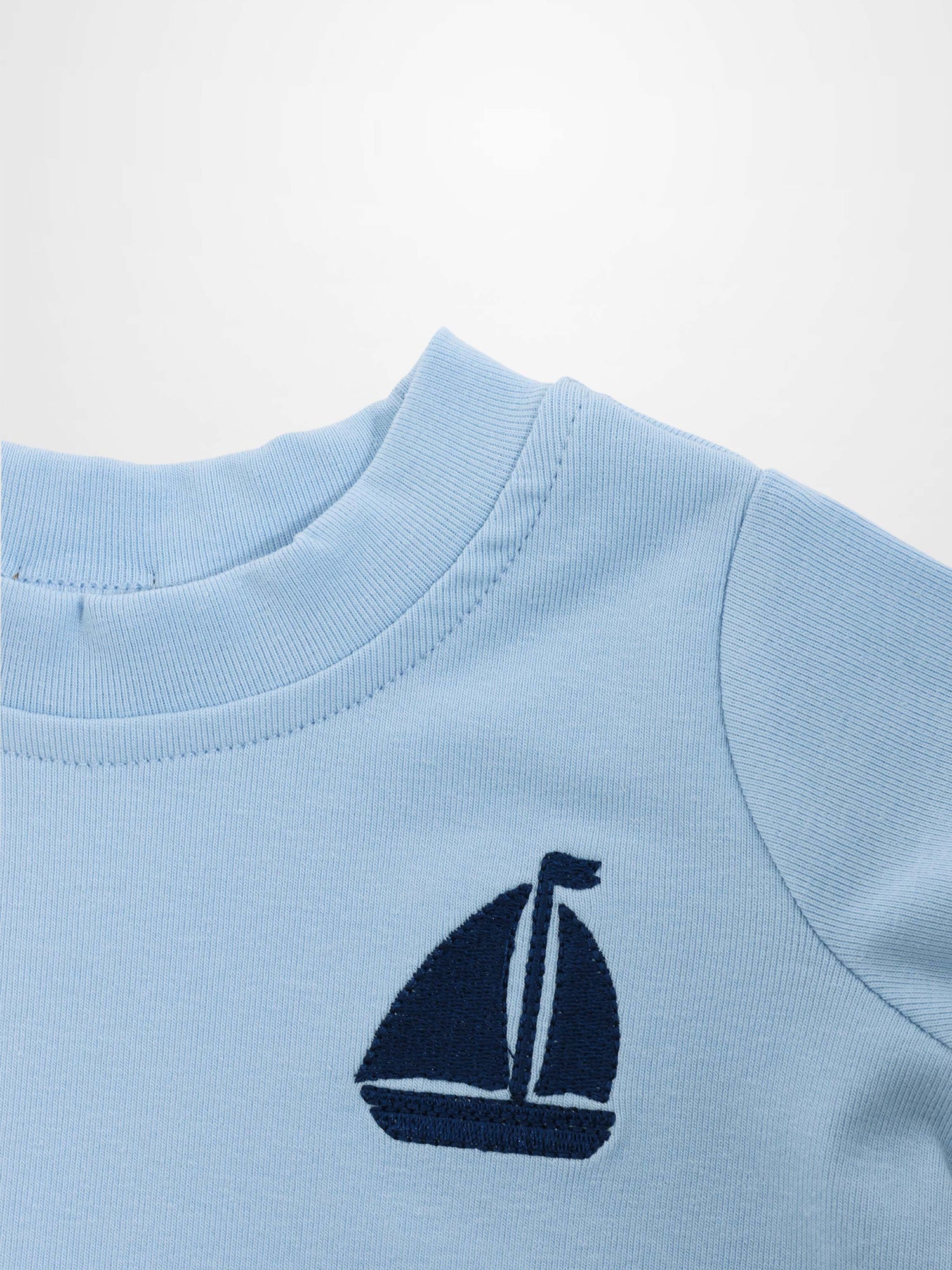 Short Sleeve Emblem Boxy T-Shirt for boys, light blue with navy sailboat embroidery by Adee