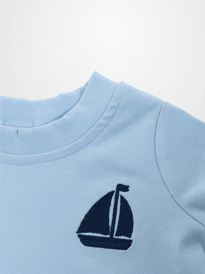 Short Sleeve Emblem Boxy T-Shirt for boys, light blue with navy sailboat embroidery by Adee