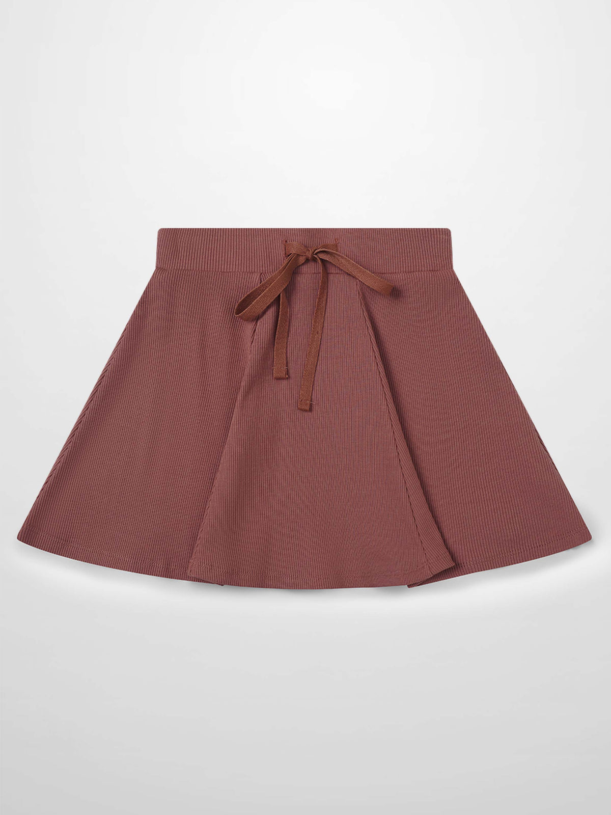 Brick red ribbed A-line mini skirt with a waist tie and front panel seams.