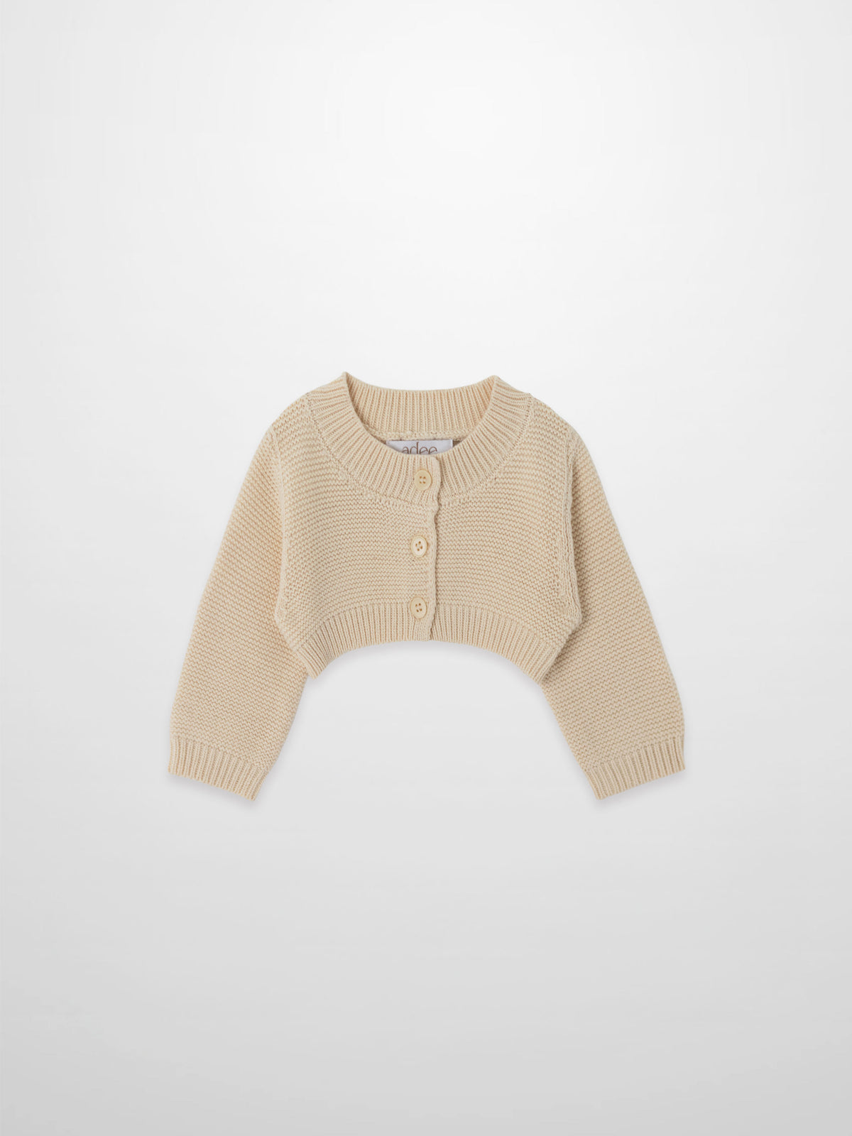 Cropped cardigan ivory by Adee; unisex dressy knit top for kids with button-front.