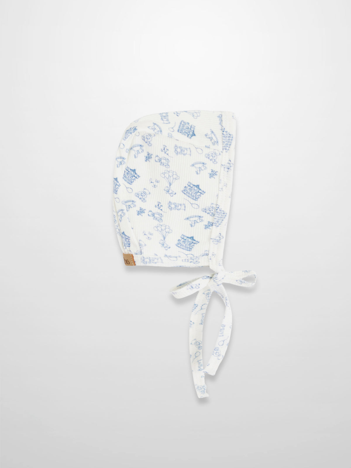 Little Storybook Bonnet by Adee for boys, white fabric with blue pattern and ties