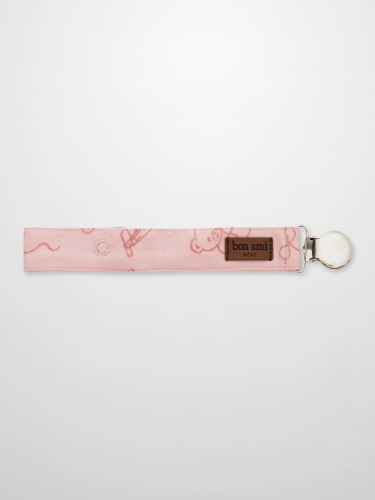 Storybook Pacifier Clip Pink fabric strap with Bon Ami label and metal clip