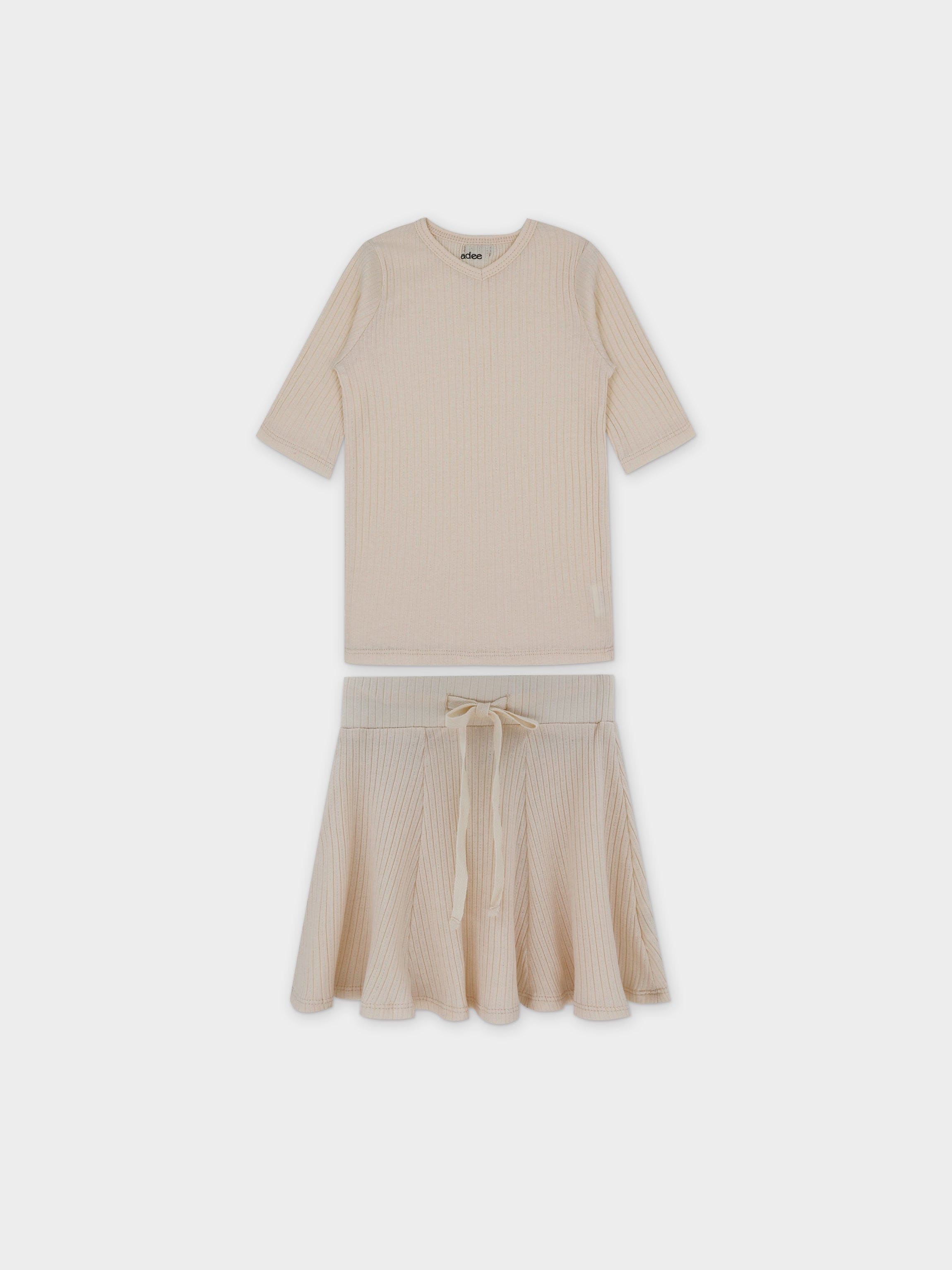 Pointelle V-Neck Short Sleeve Shirt &amp; Skirt-Ivory